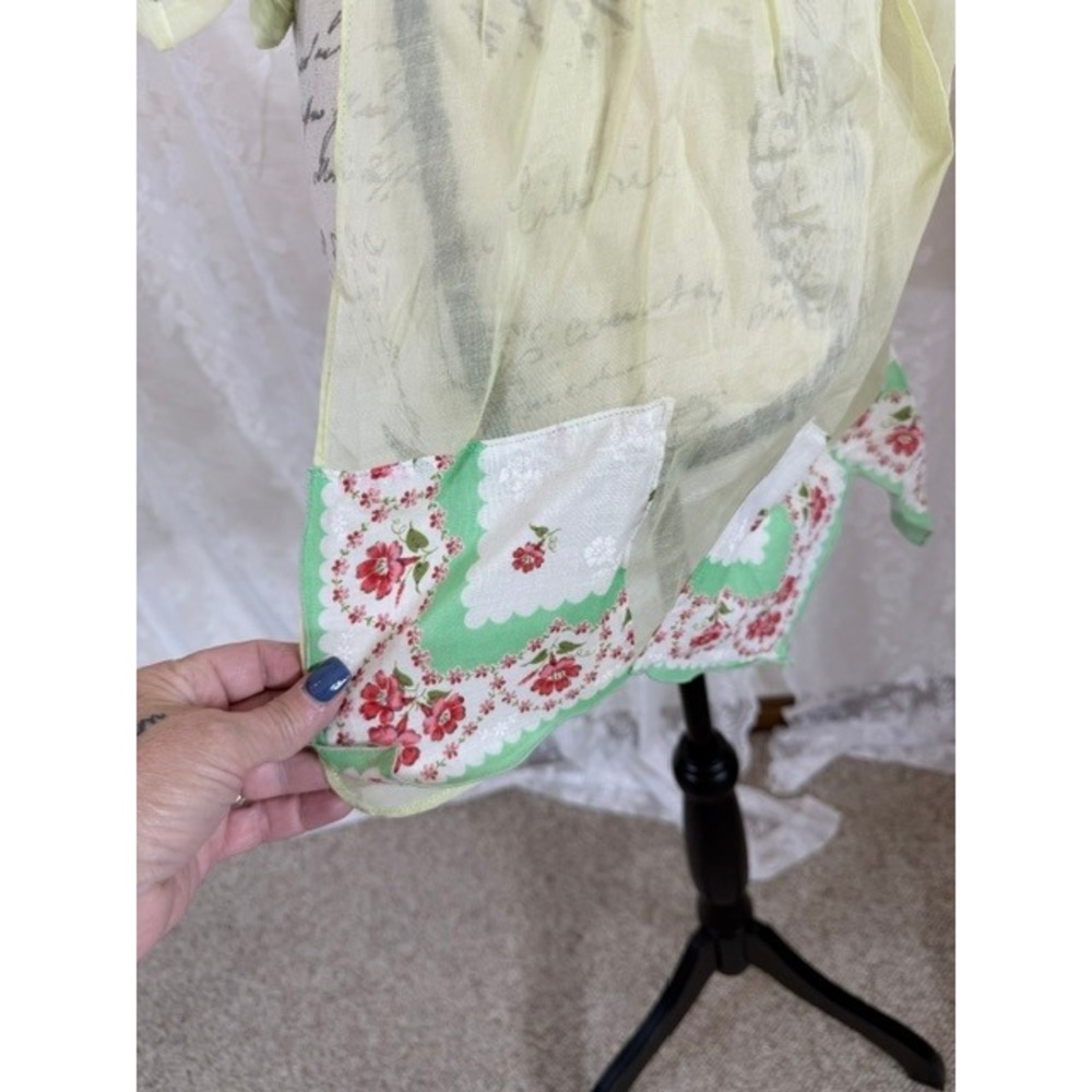 Vintage 50s Handmade Half Apron Sheer Yellow Handkerchief Hem Floral Rose Border